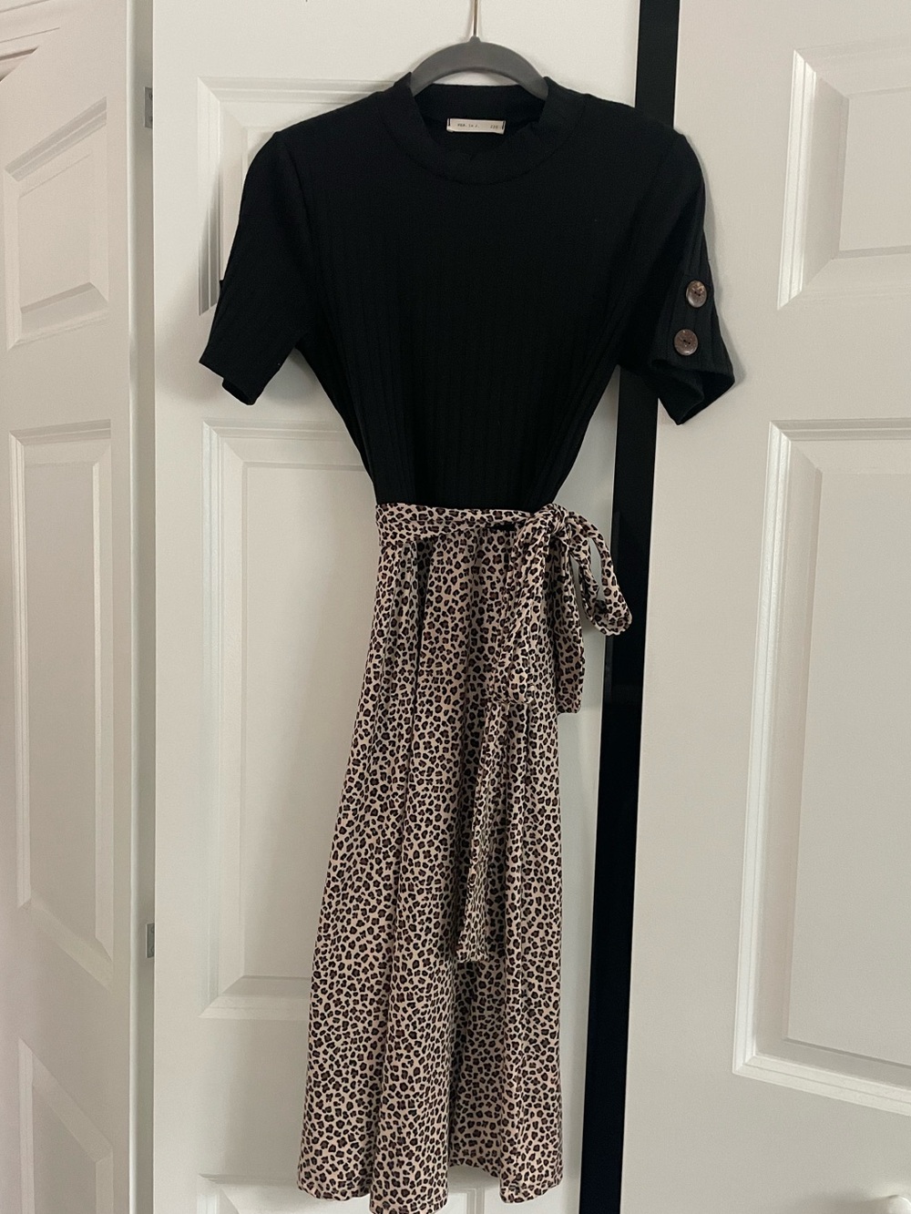 Black Ribbed Top & Leopard Print Wrap Maternity Skirt Dress